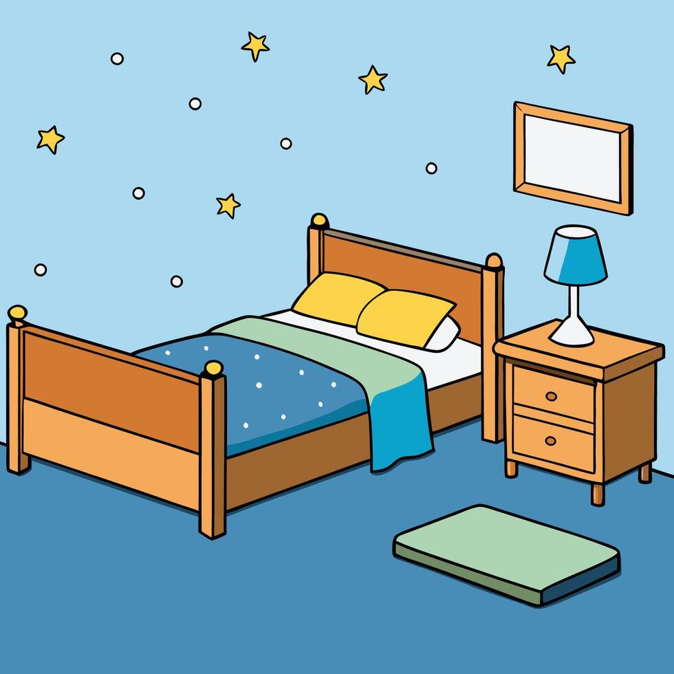 Cozy Bedroom with Starry Wall Decor and Warm Lighting vector