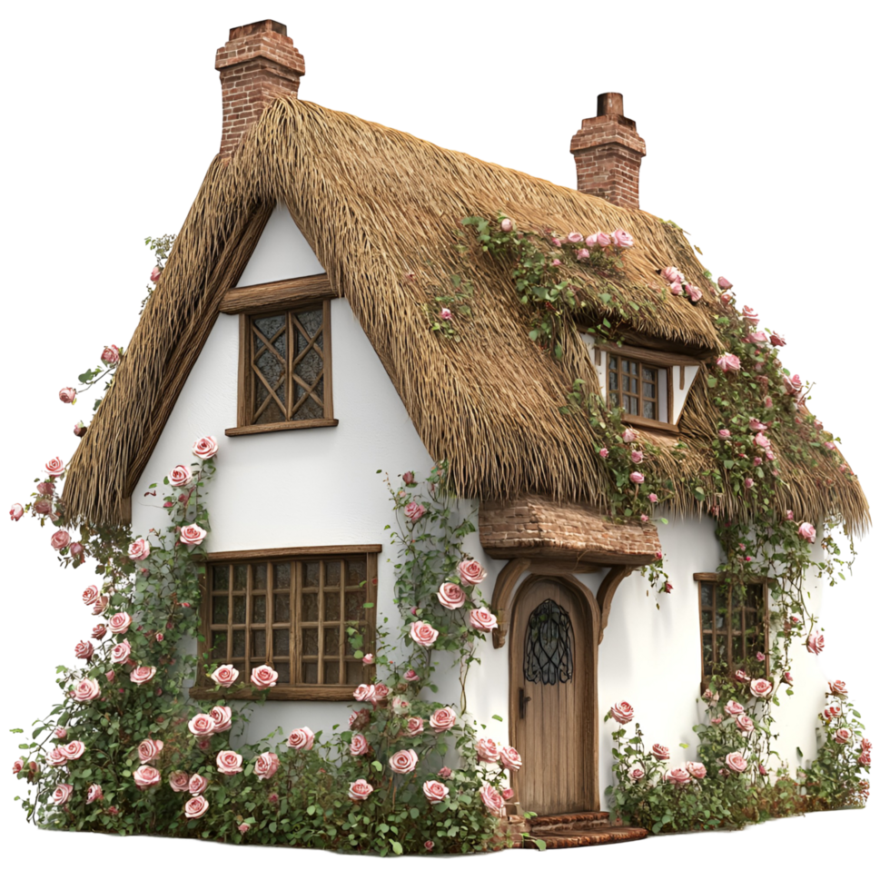 a small cottage with a thatched roof and roses transparent background png
