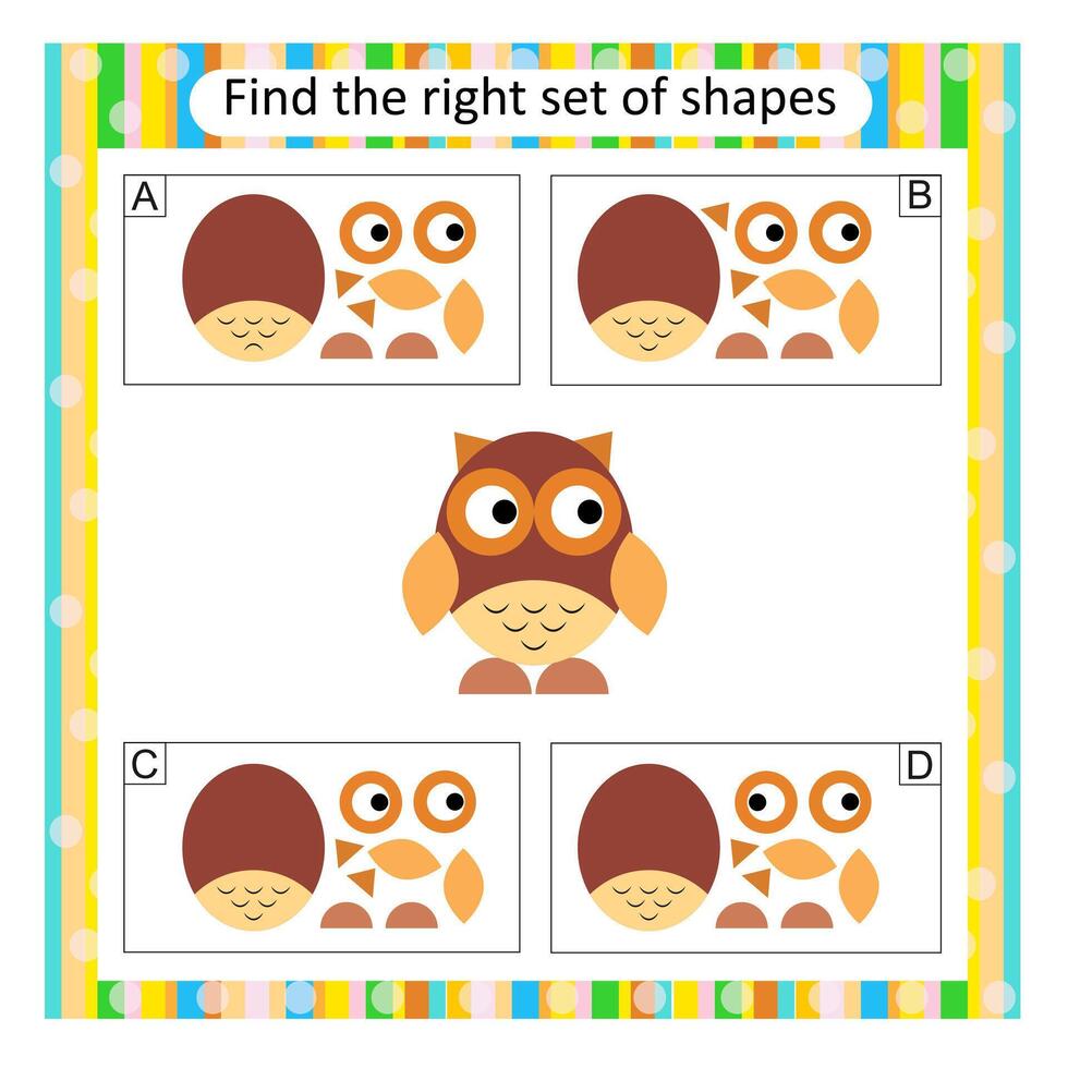Logic puzzle for children. Find the correct set of cartoon owl. Preschool worksheet activity. Answer is C. vector