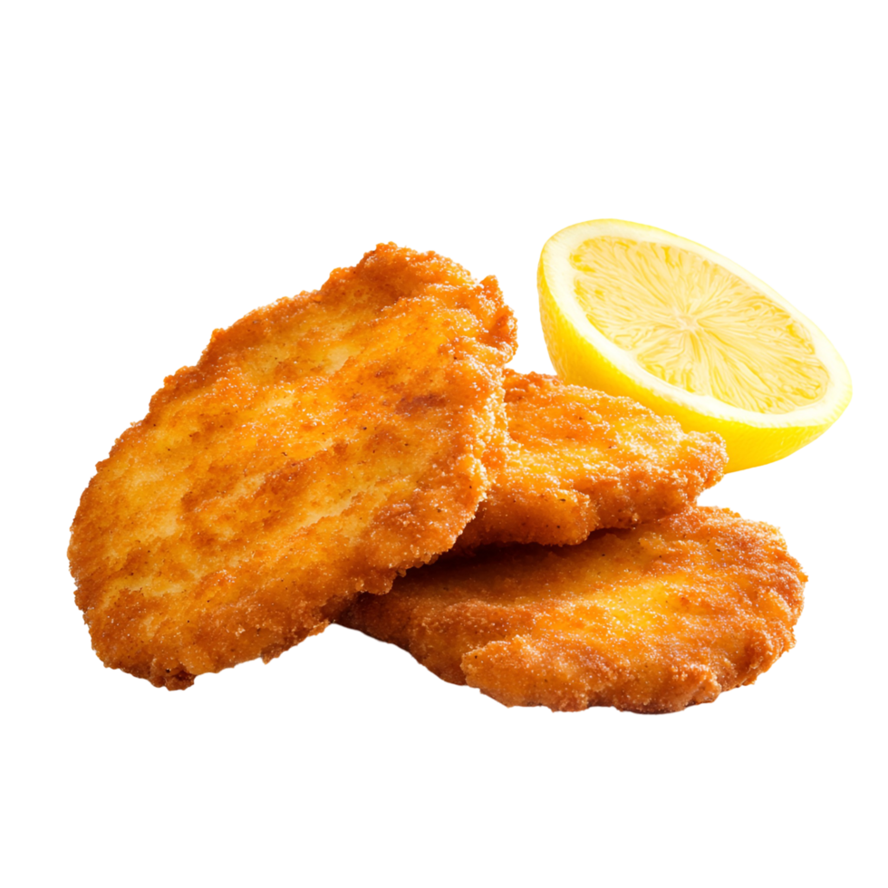 chicken cutlets with lemon slices on transparent background png