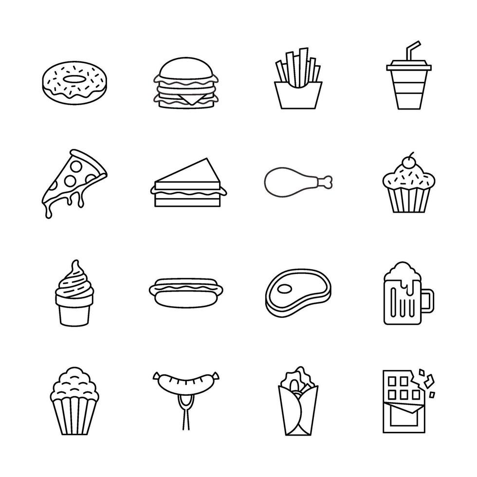 Collection of Line Art Junk Food Icons with Editable Stroke vector