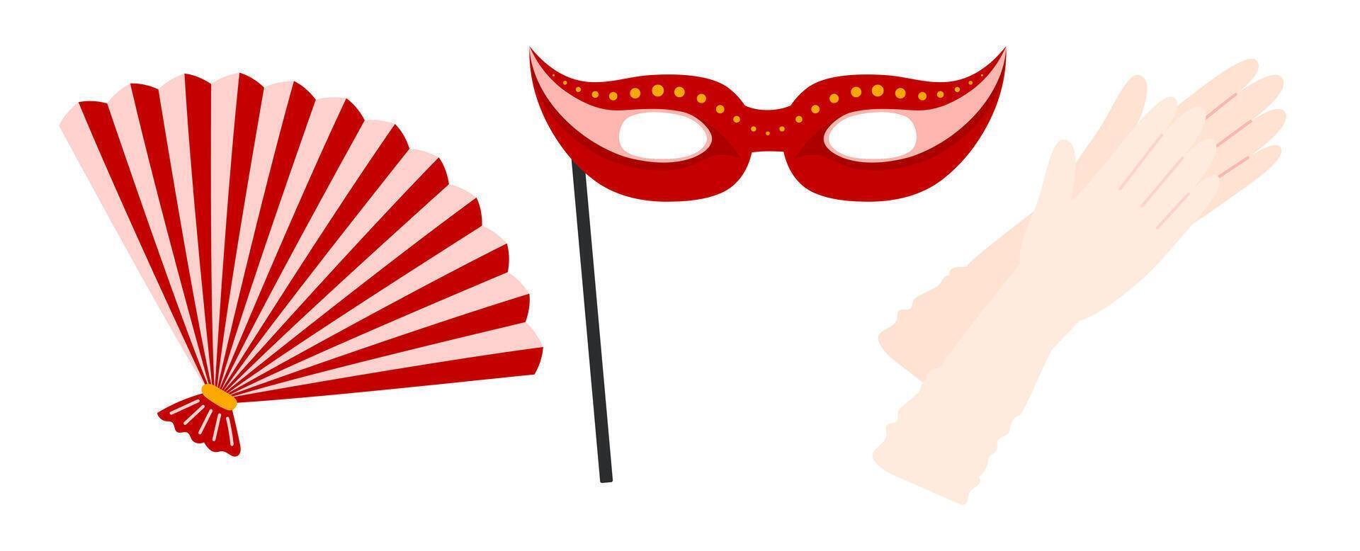 Theater accessories icon. Classic Carnival or ball mask, gloves, hand fan sign. Lady Opera attribute. Aristocratic symbol. Theatre Day stickers. Flat illustration isolated on white background vector