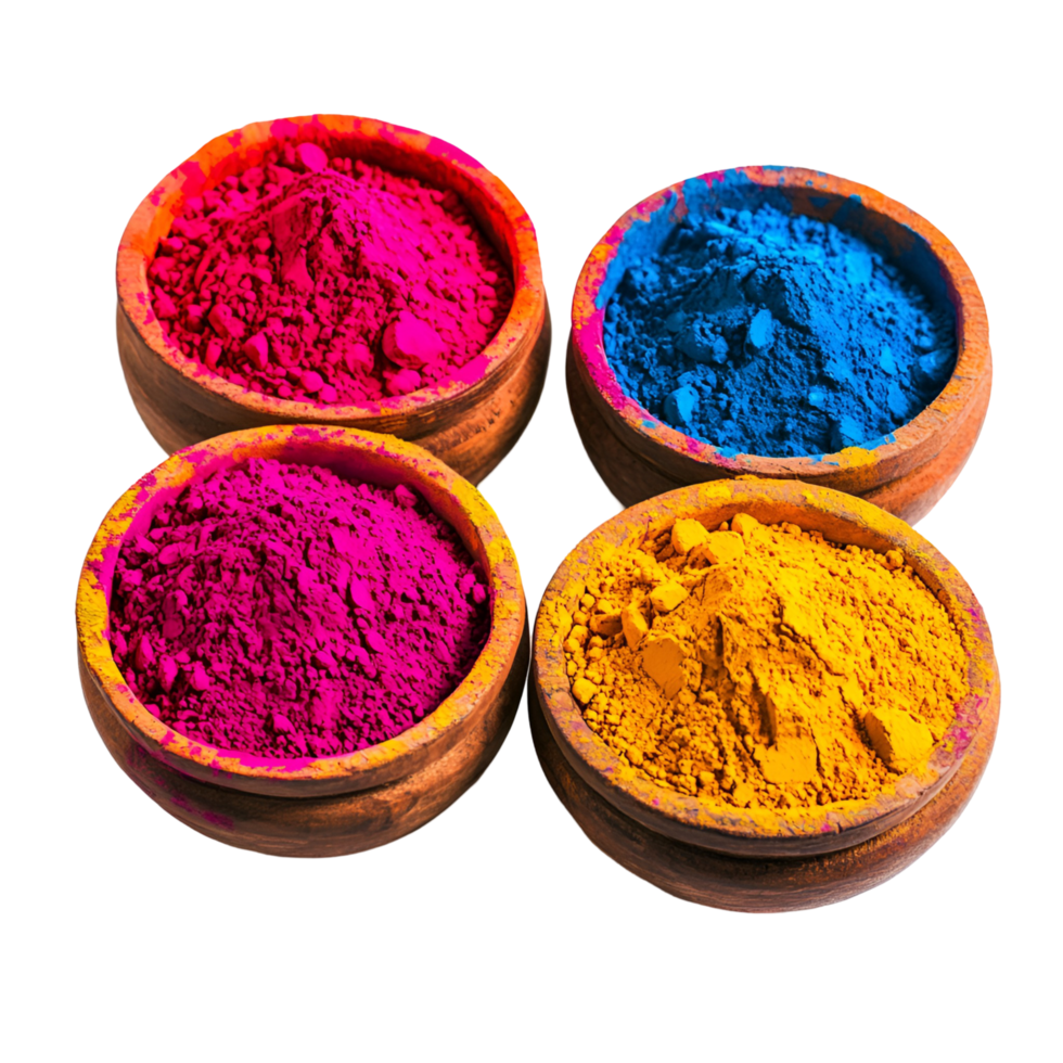 colorful holi powder in bowls on a transparent background png