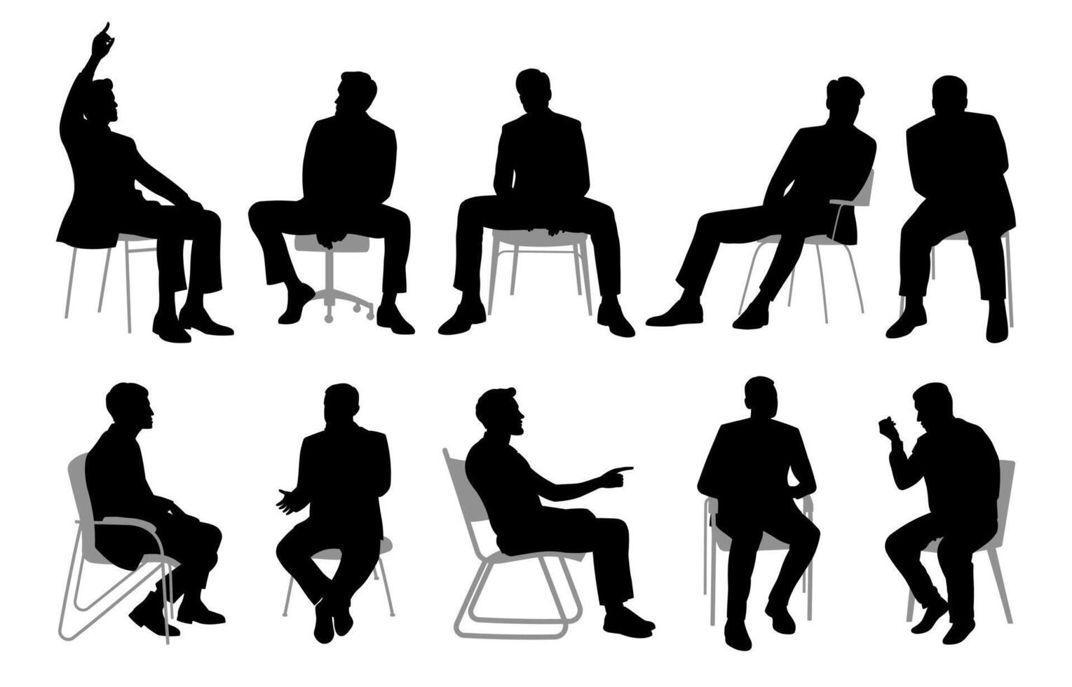 Black silhouette of a collection of business men sitting on chairs in a relaxed pose vector