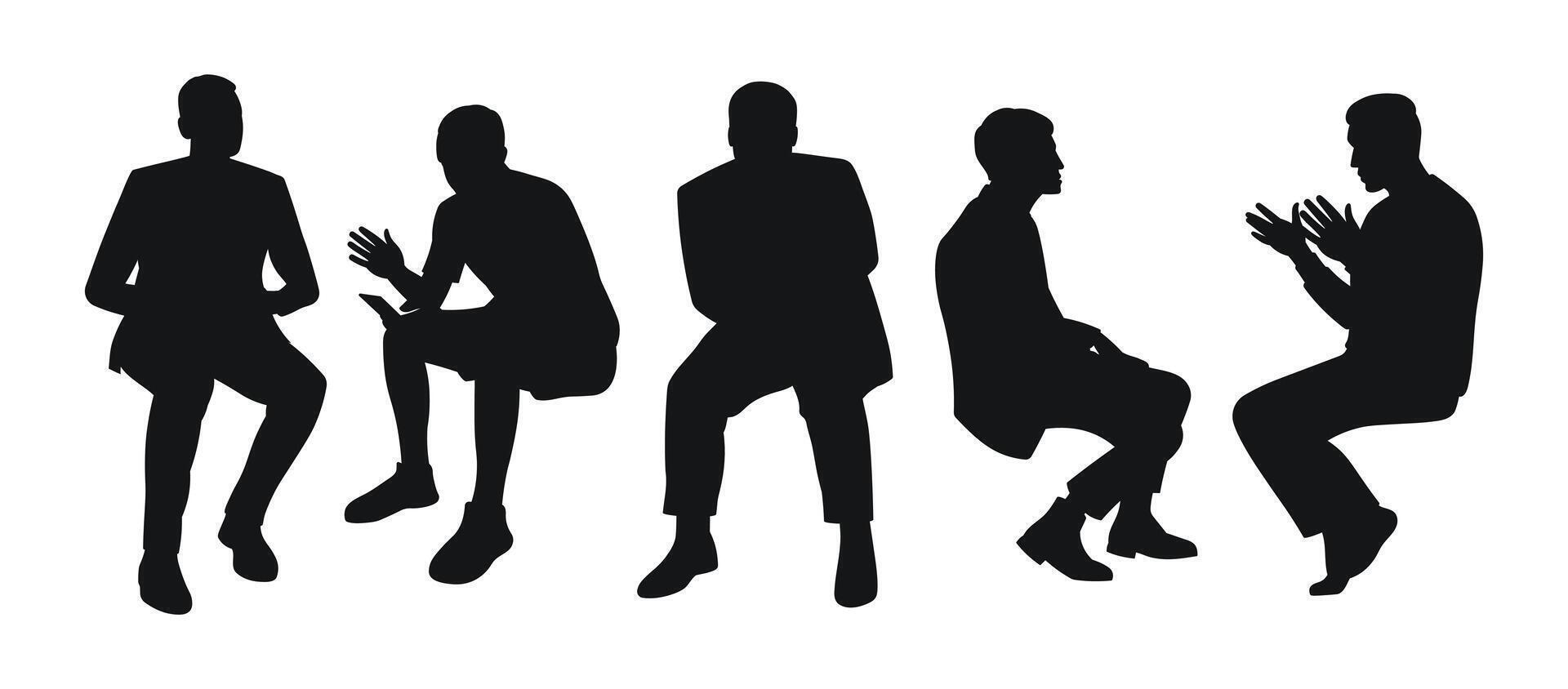 Silhouettes of men sitting on a chair and stool, a group of business people, black color on a transparent background vector