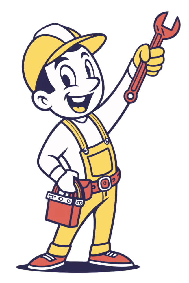 A cheerful cartoon mechanic holding a red wrench and toolbox, wearing a yellow hard hat and overalls, radiating positivity and readiness for work png