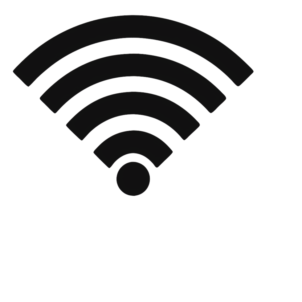 A simple, black Wi-Fi signal icon with curved, evenly spaced bars symbolizing connectivity and a central circular dot png