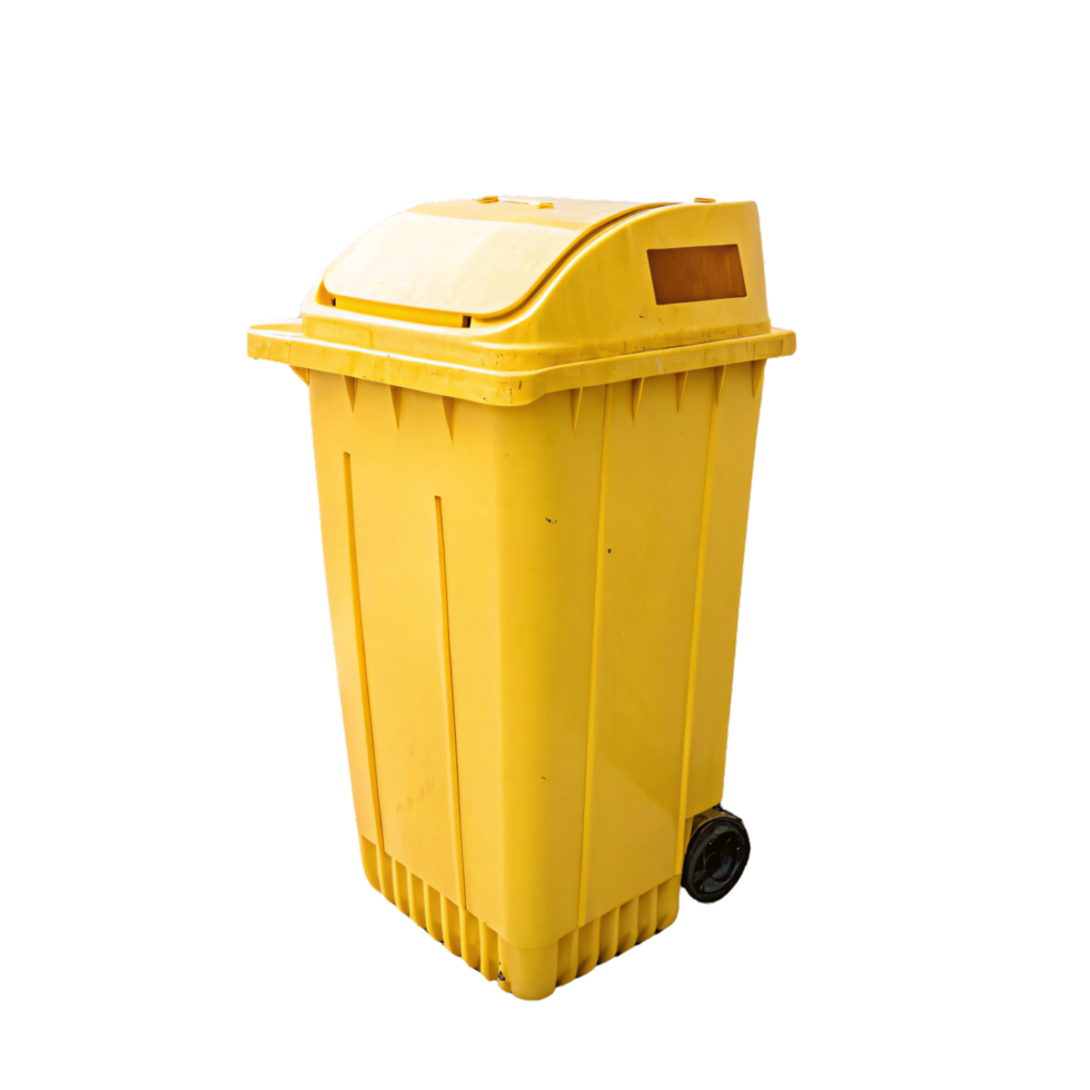 A sturdy yellow garbage bin with a top lid and wheels, designed for convenient waste collection, shown from a side angle png