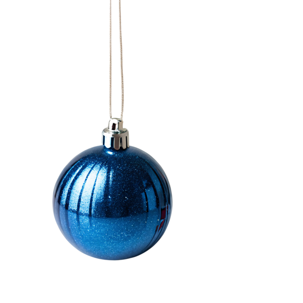 A shimmering blue bauble adorned with sparkles, hanging by a silver string, reflecting festive lights and holiday charm png