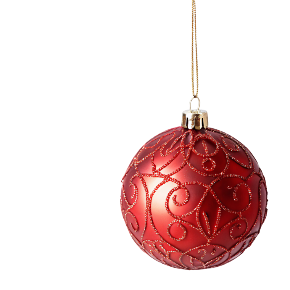 A glossy red bauble with intricate swirling glitter patterns, exuding warmth and elegance on a thin golden string png