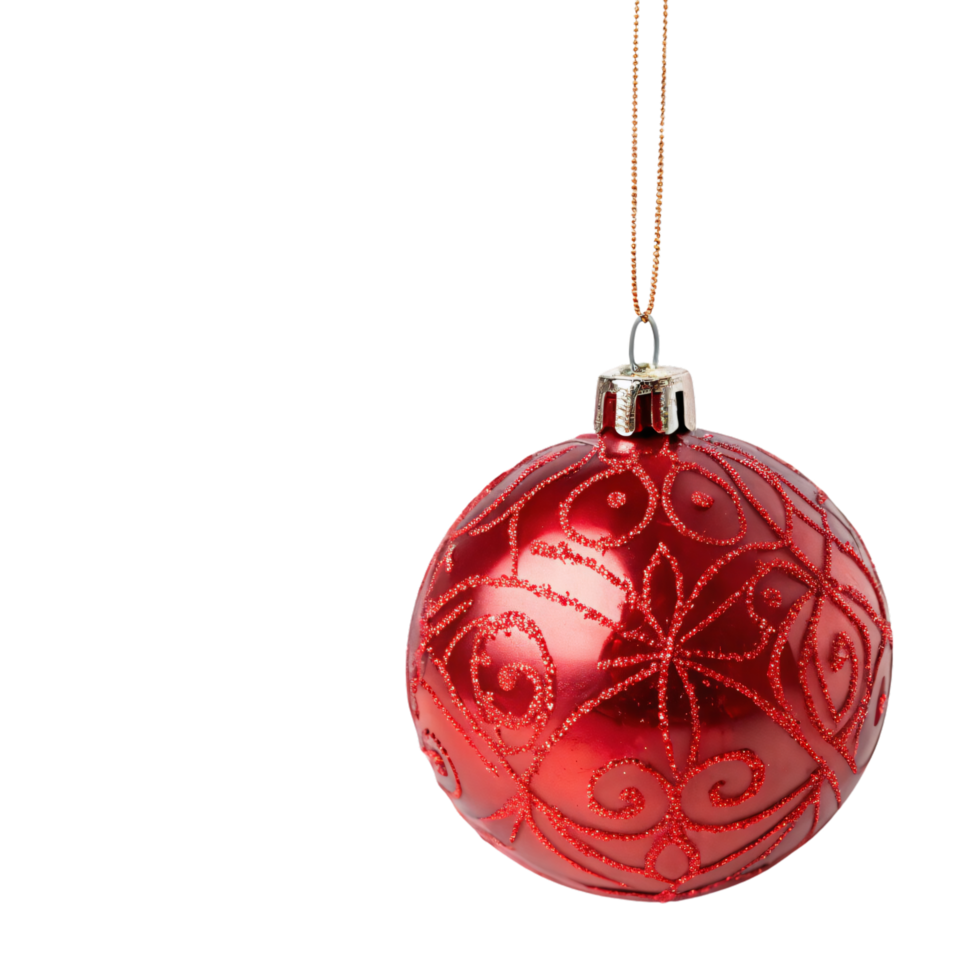 A glossy red bauble with intricate swirling glitter patterns, exuding warmth and elegance, hung on a thin golden string png