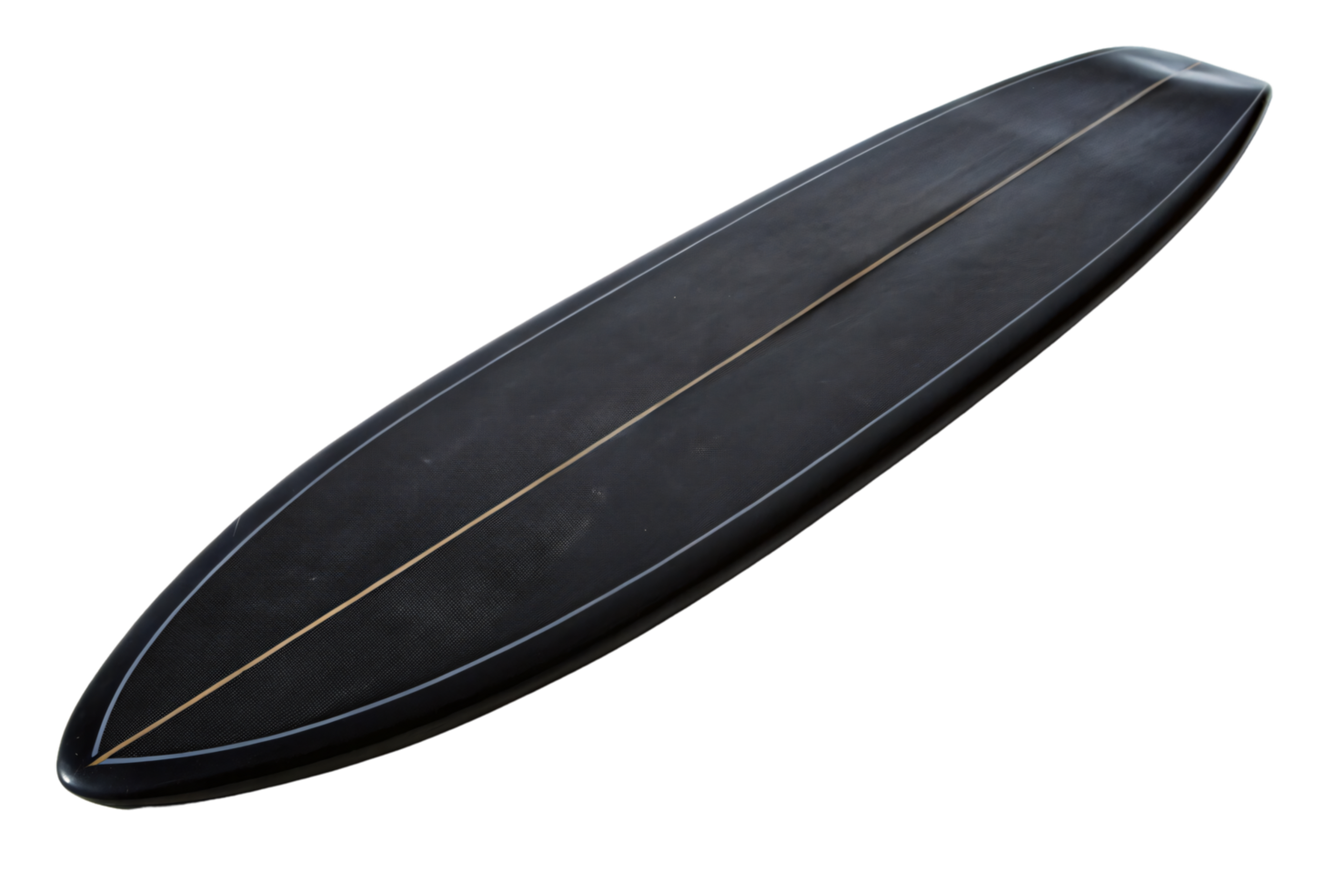 A sleek, black longboard surfboard with subtle beige stringer detailing along the center, featuring a streamlined design for smooth gliding on waves png