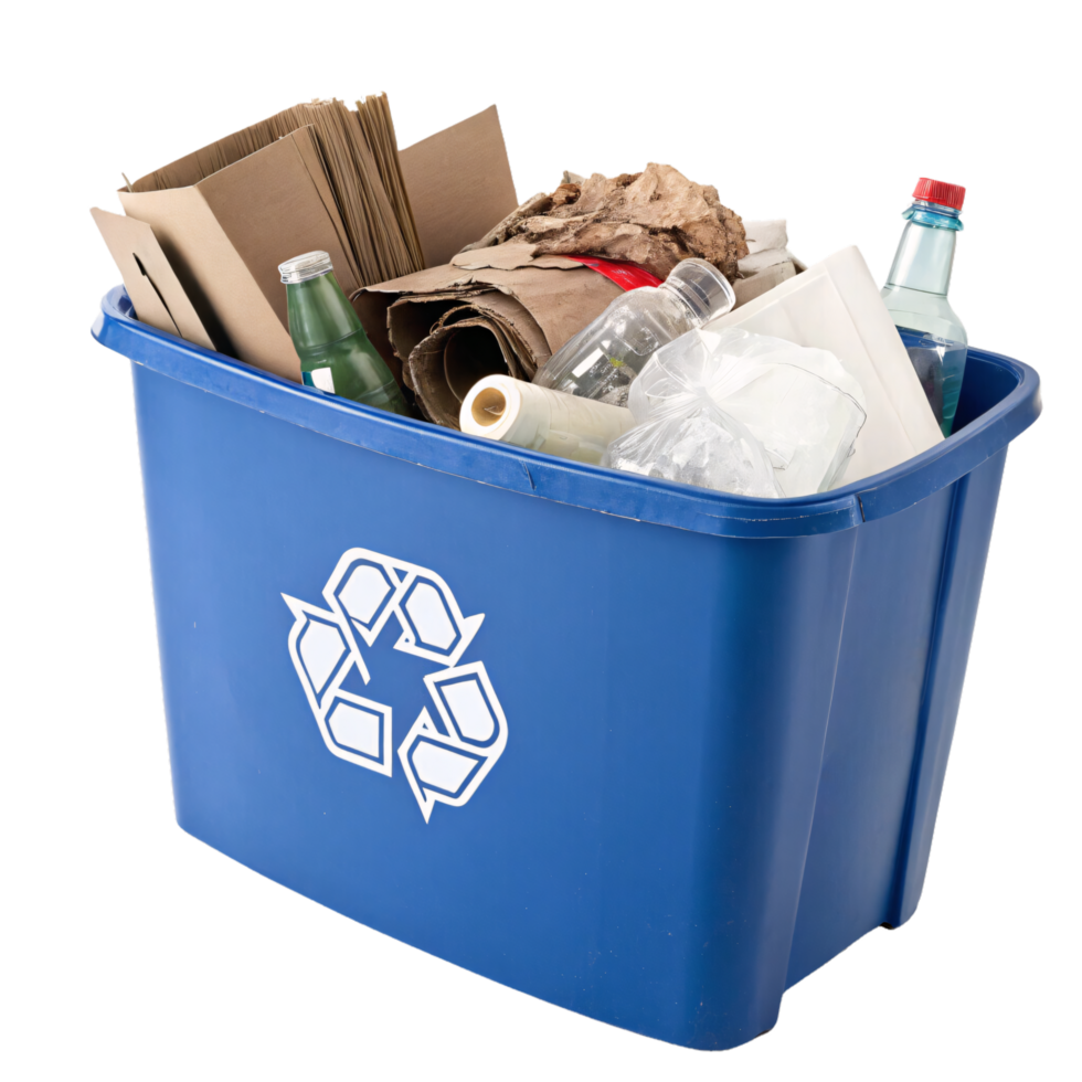 A blue recycling bin filled with mixed recyclables, including cardboard, plastic, and glass bottles, marked with a white recycling symbol png