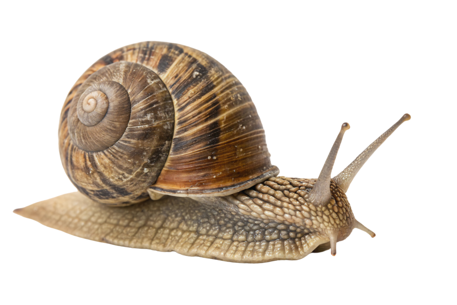 A close-up of a brown garden snail, showcasing its textured, spiraled shell and extended antennae png