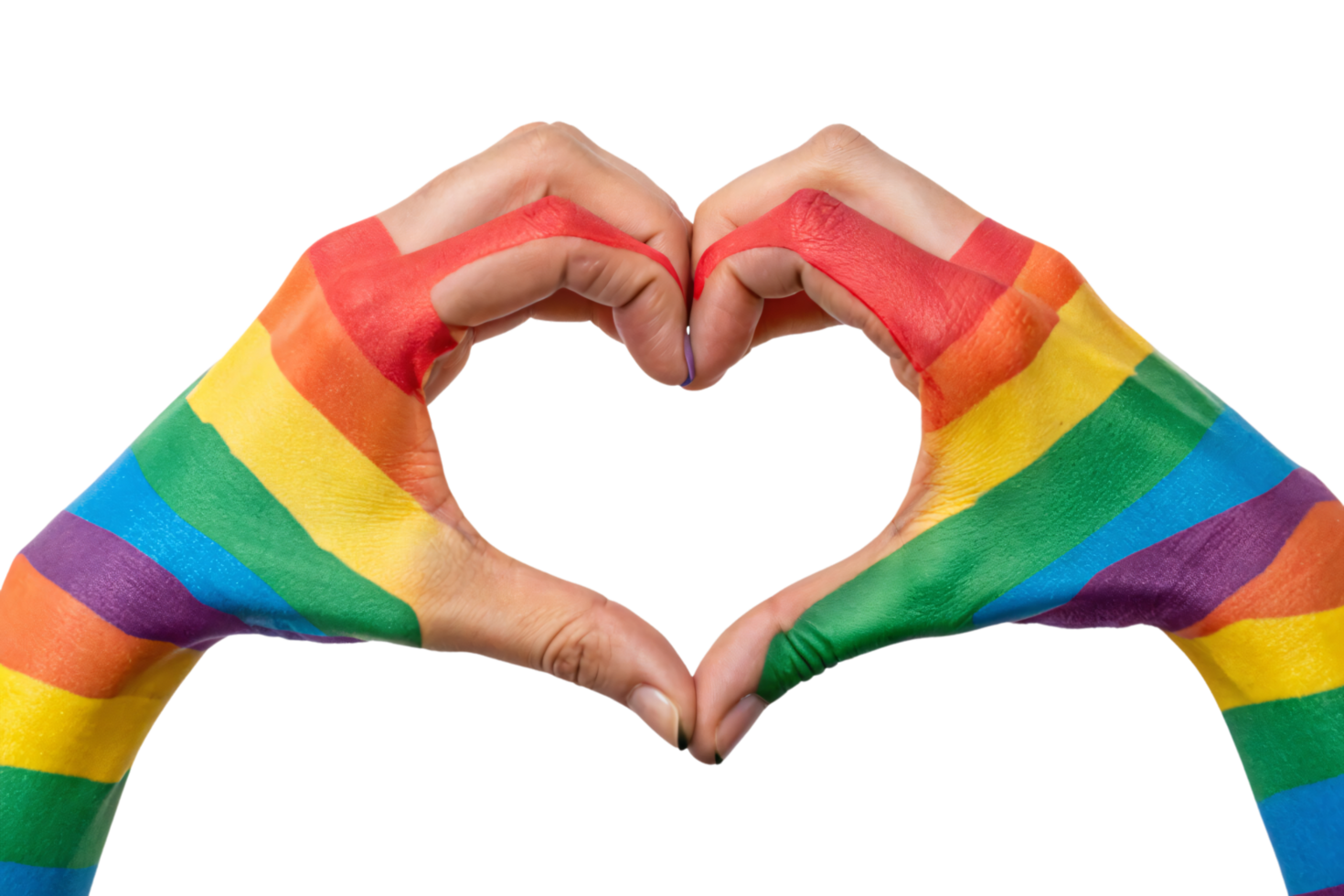 Rainbow-painted hands meeting to create a heart, celebrating LGBTQ pride, diversity, and inclusion with bold, vivid colors png