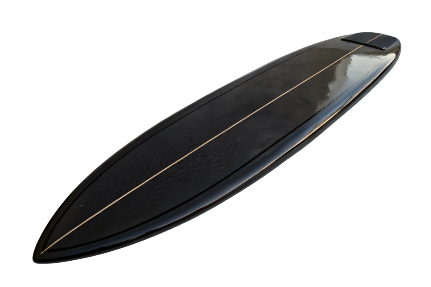 A sleek black surfboard with a reflective finish and a single white line running through its center, embodying minimalistic surfboard design png