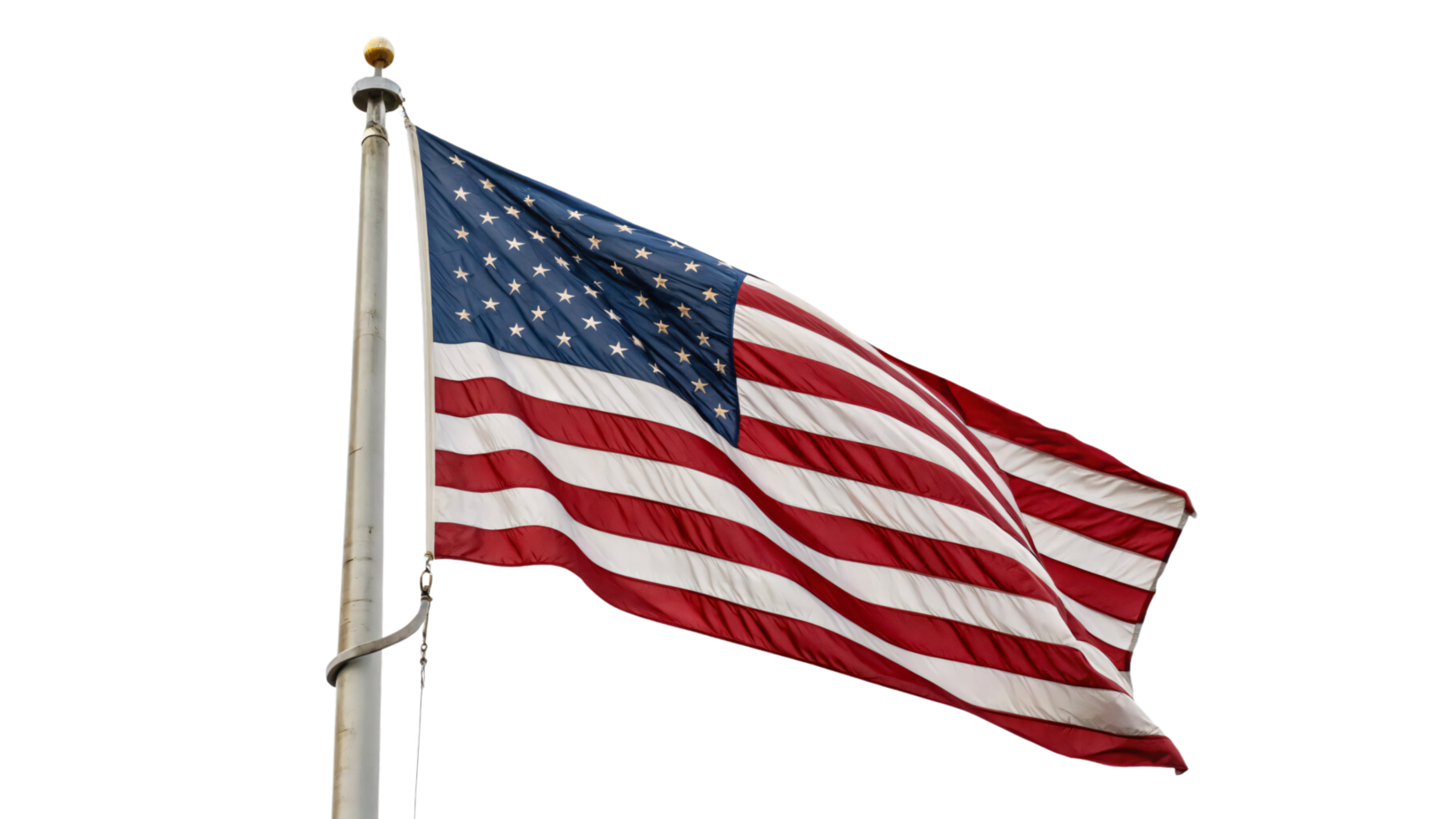 A dynamic U.S. flag fluttering in the wind on a flagpole, representing patriotism and freedom png
