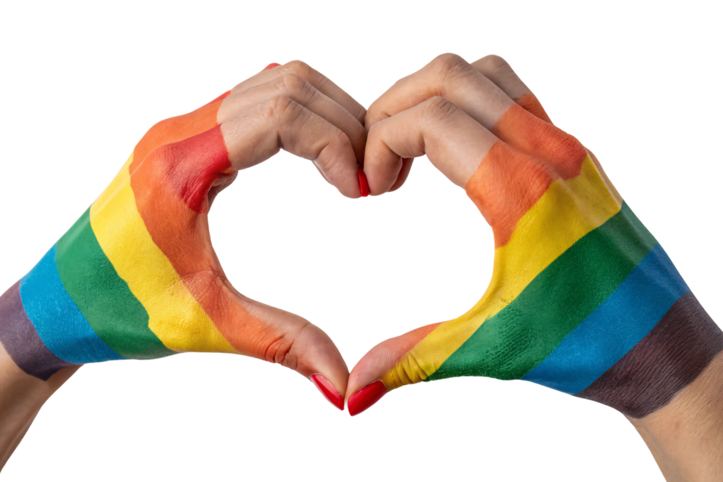 Hands painted in vibrant rainbow colors forming a heart shape, representing inclusivity, diversity, and LGBTQ pride with a bold statement of love png