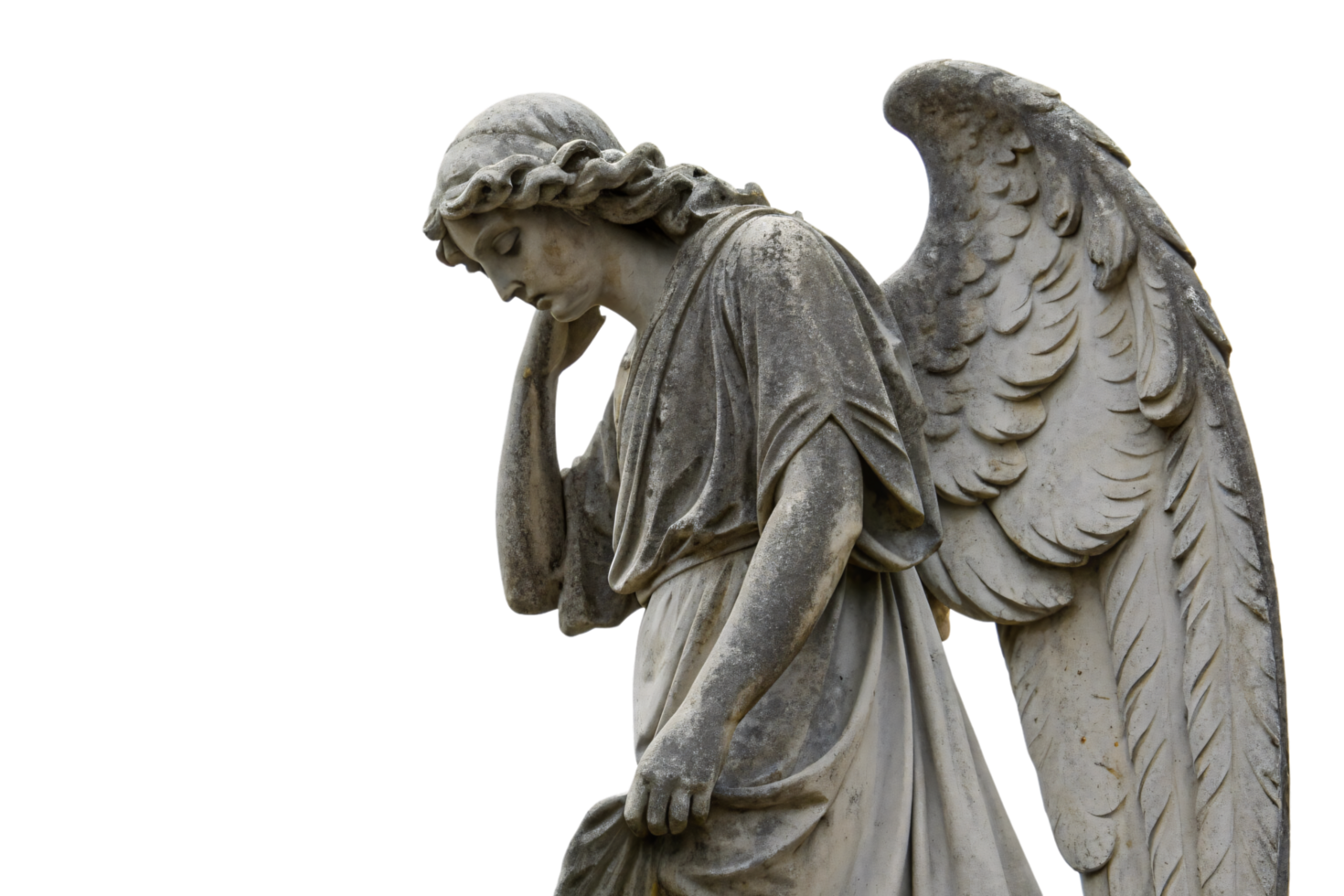A detailed sculpture of a grieving angel with soft facial features, flowing robes, and intricately carved wings, evoking a sense of sorrow and reverence png