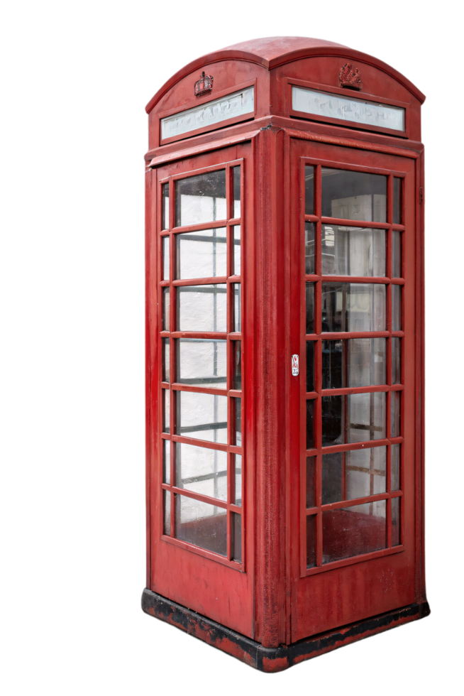 A vintage red British telephone booth with glass-paneled doors, iconic and nostalgic, showcasing timeless charm and history png