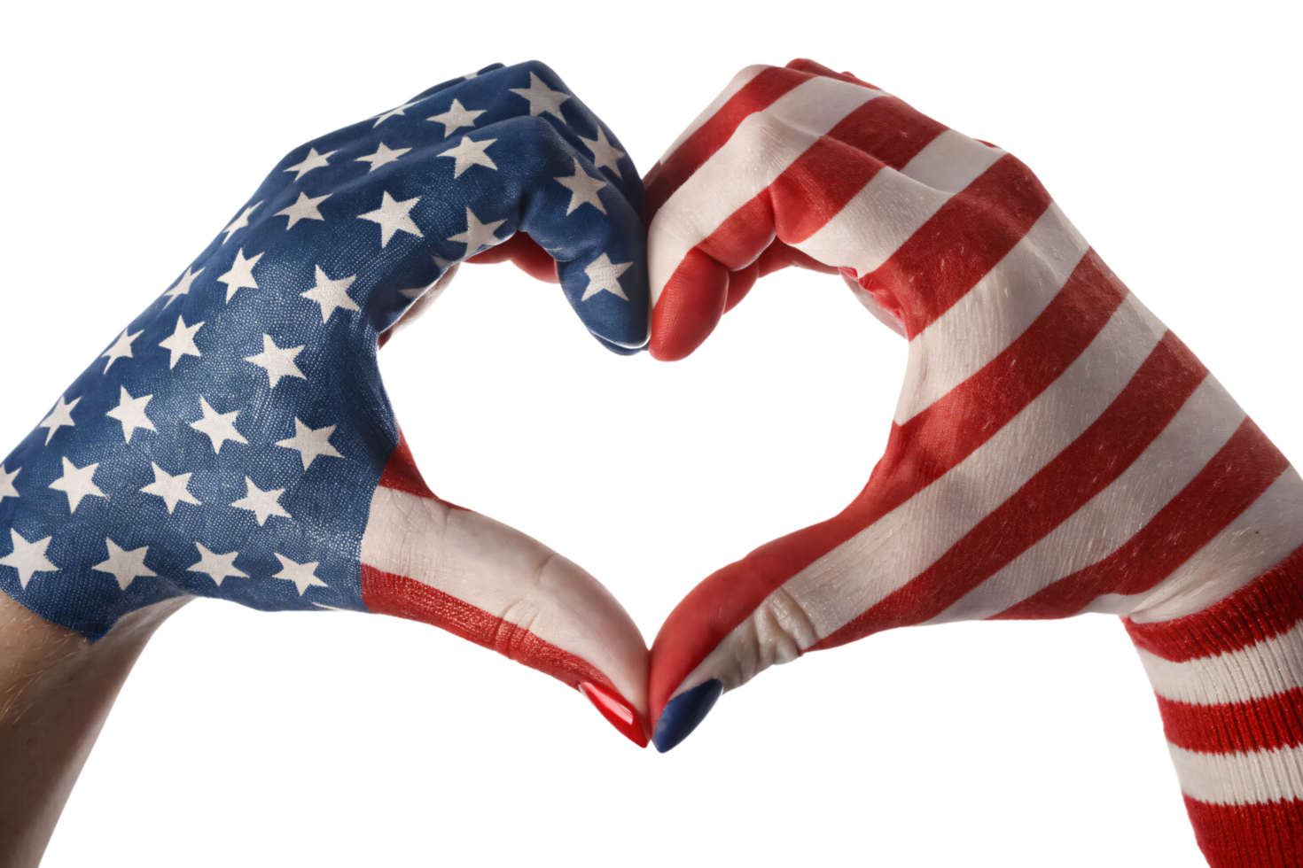 Painted hands in star-spangled blue and striped red form a vibrant heart shape, symbolizing American pride and solidarity png