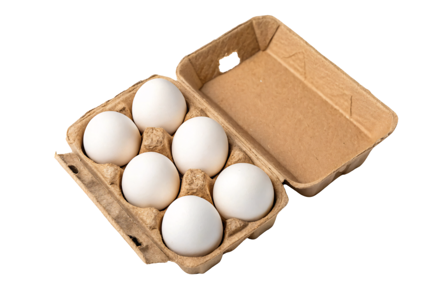 An overhead view of six white eggs nestled securely in a rustic cardboard carton, emphasizing sustainable packaging and organic presentation png