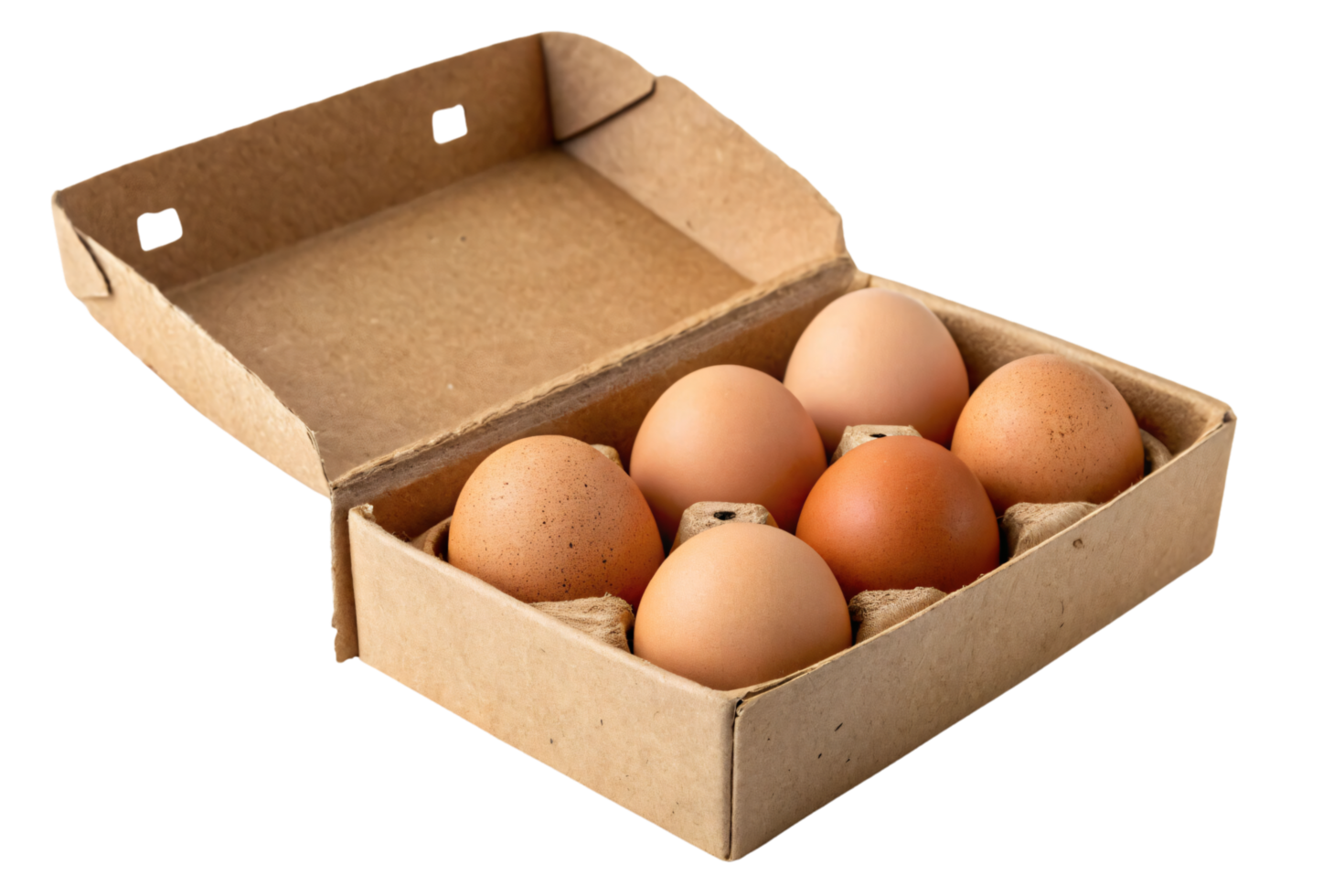 Six brown eggs enclosed in a rectangular cardboard box with a closed lid, combining practicality with eco-conscious packaging for fresh produce png