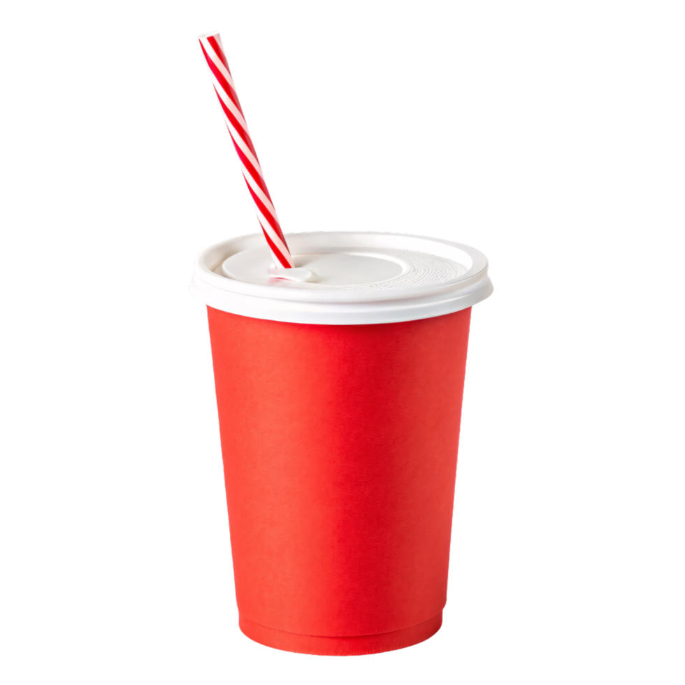 A vibrant red paper cup with a white lid and a striped red-and-white straw, perfect for a refreshing drink png