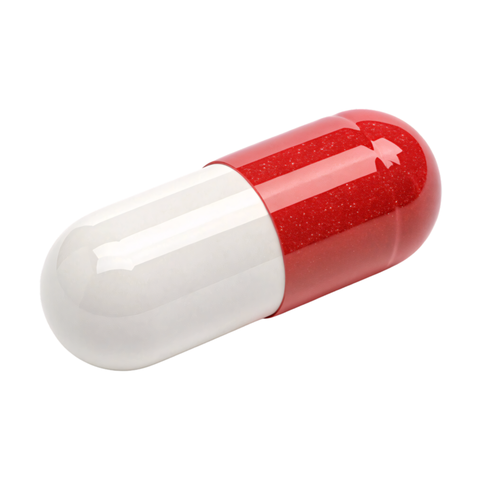 A glossy, red-and-white pill with a translucent coating, symbolizing medical care, scientific progress, and the promise of healing png
