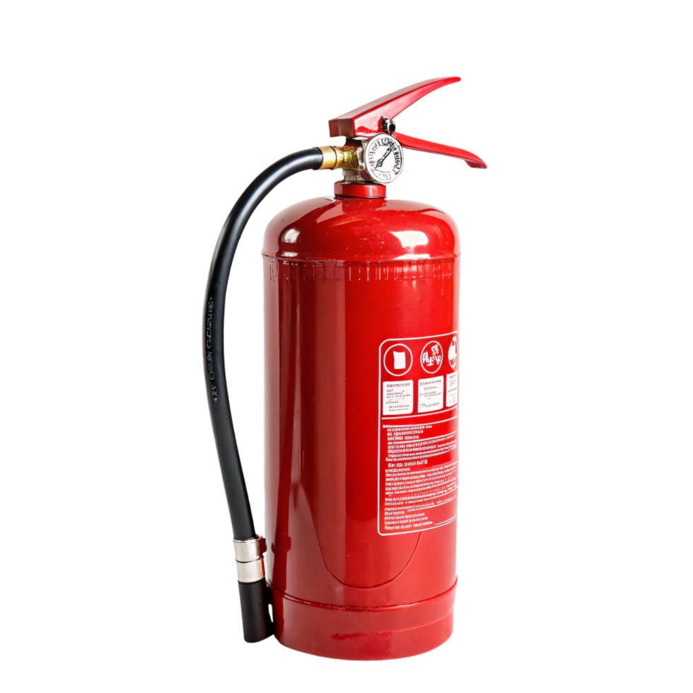Industrial-grade extinguisher, sleek red cylinder with detailed instruction labels. Equipped with a flexible black hose and a safety seal for instant activation png