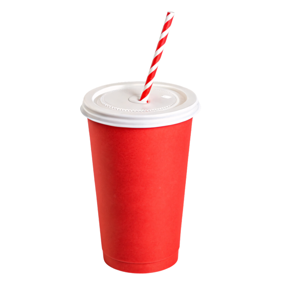 A red takeaway cup with a striped straw, slightly tilted perspective, emphasizing the vibrant red body and the clean white lid's texture png