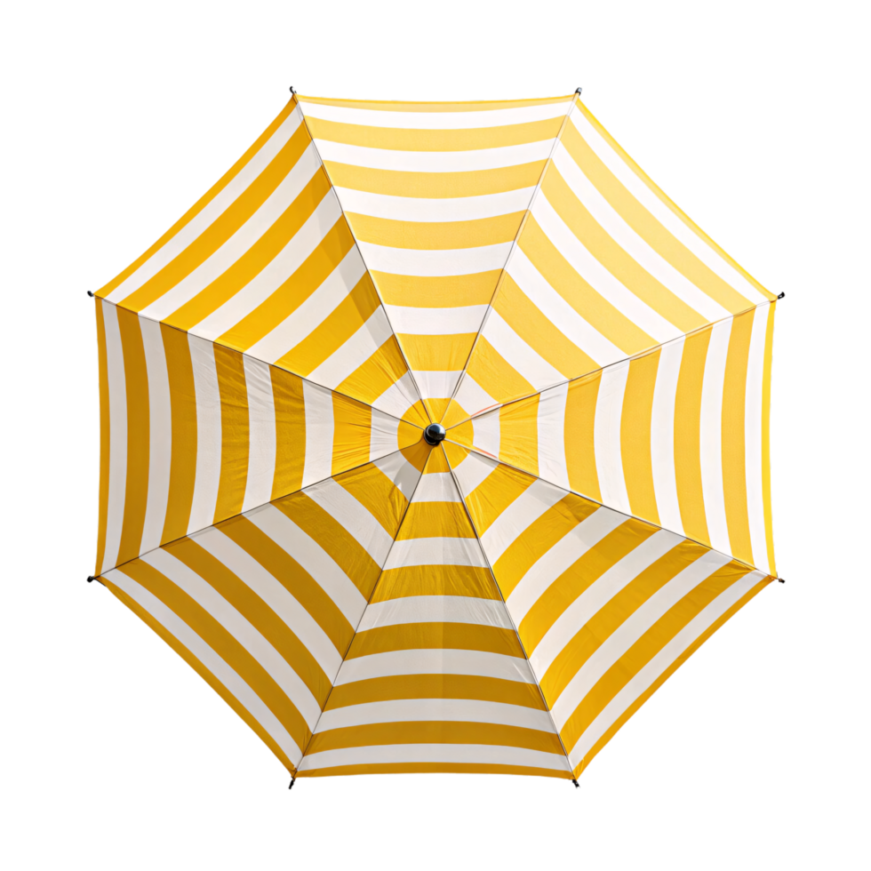 A vibrant yellow-and-white striped umbrella viewed from underneath, forming a symmetrical pattern, evoking sunny, cheerful vibes of summer beach days png