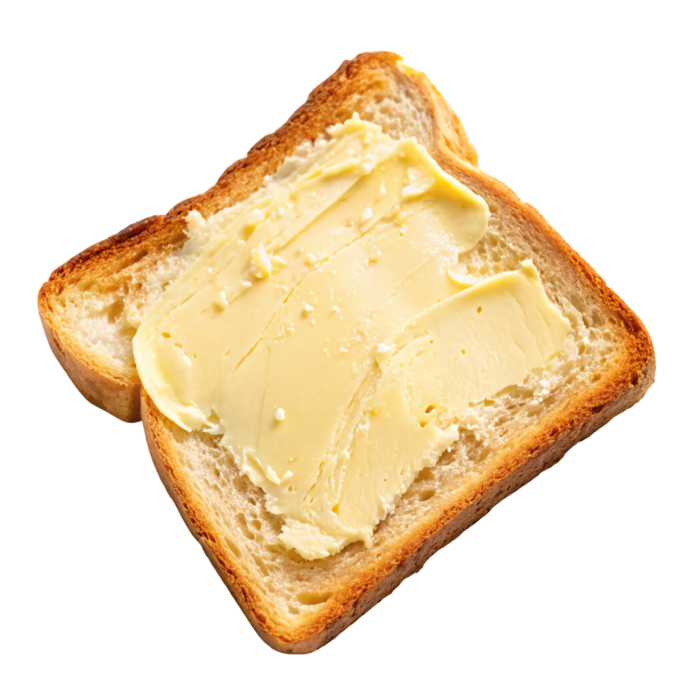 A slice of bread generously smeared with butter, its creamy texture evident, contrasting with the crisp edges of the perfectly toasted bread png