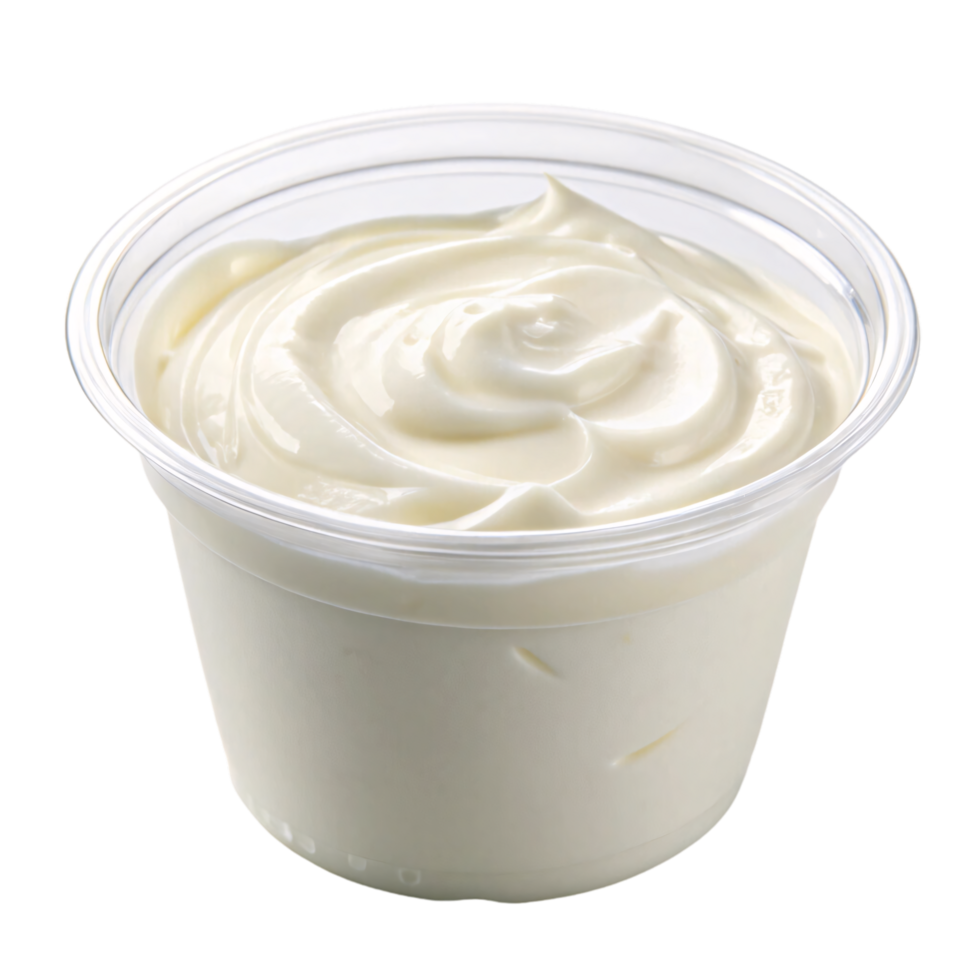 A small clear cup of plain yogurt with a smooth, creamy texture, swirling slightly at the top for visual appeal png