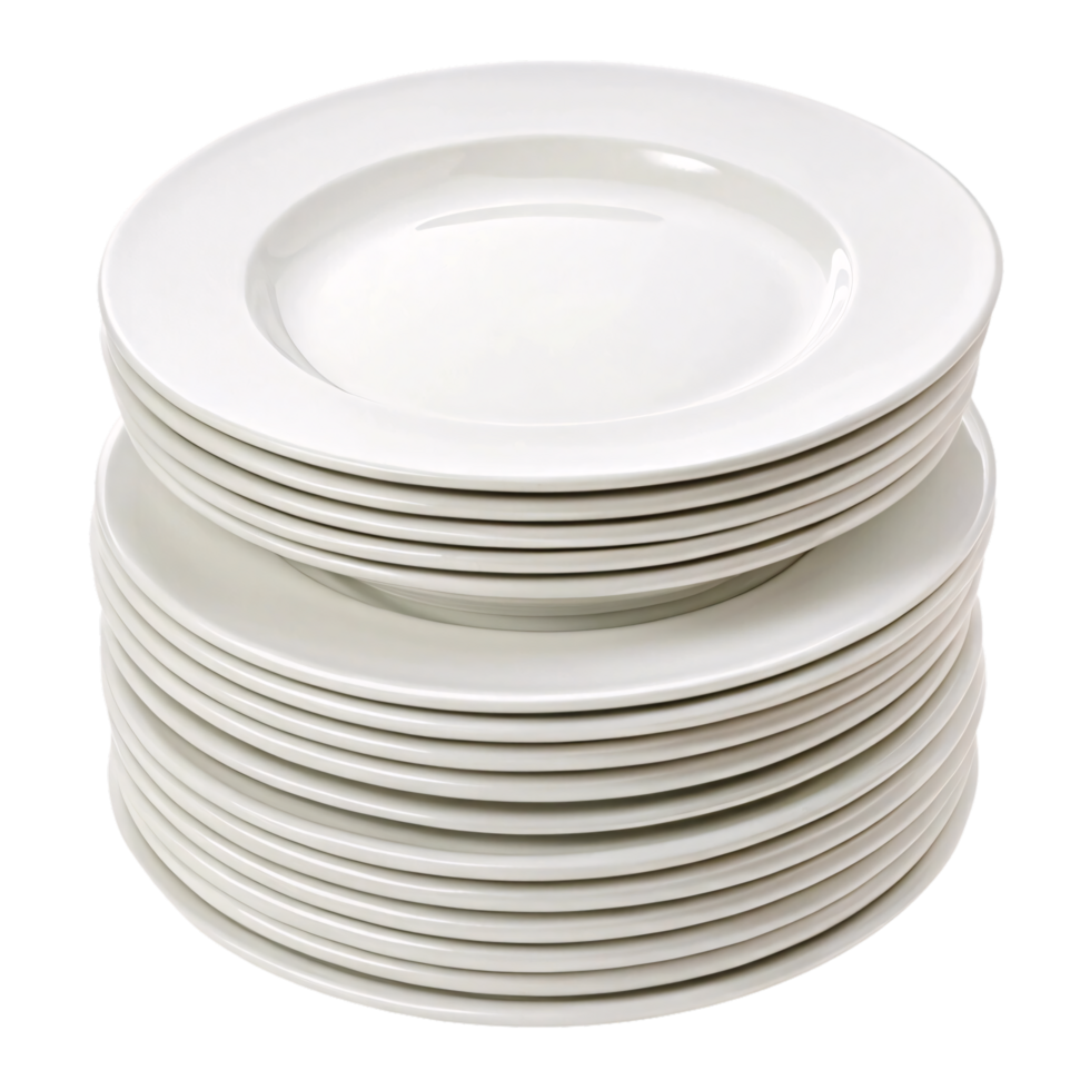 A neat stack of pristine white ceramic plates with a simple, smooth design. Perfect for formal dining or casual meals png