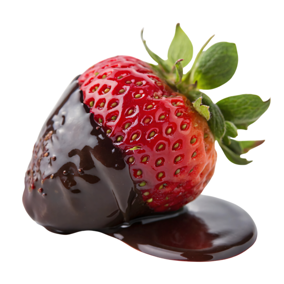 A ripe strawberry dipped halfway in dark, glossy chocolate, resting on a small pool of chocolate, with its green leaves fresh and intact png