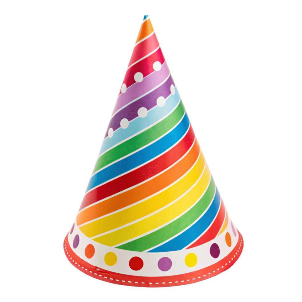 A cone-shaped party hat with diagonal rainbow stripes, white polka dots, and a red rim. Its vibrant colors evoke fun-filled festive vibes png