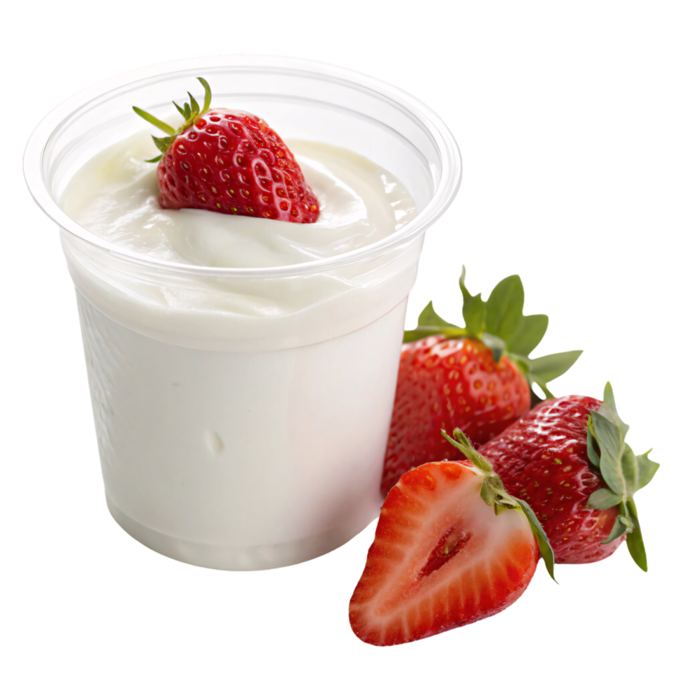 A yogurt cup, with a whole strawberry on top and an assortment of ripe, vibrant strawberries positioned around it png