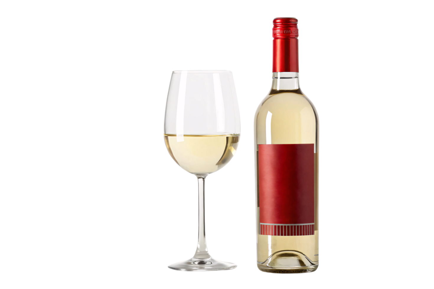 A tall, clear bottle with a bold red label beside a wine glass filled with pale, crisp white wine png