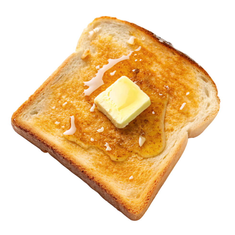 A golden-brown toasted bread slice topped with a melting butter pat, drizzled lightly with honey, creating a warm and inviting breakfast image png