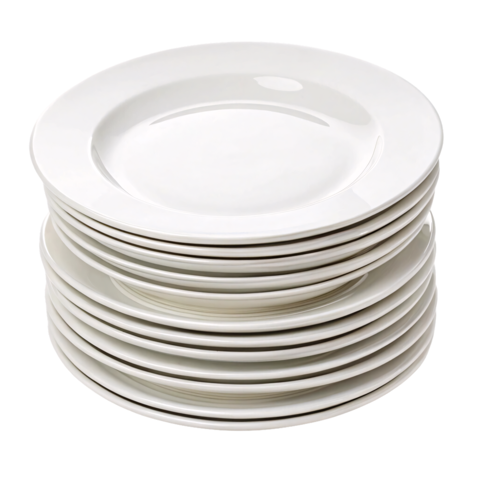 A tower of gleaming, white ceramic dinner plates, perfectly round and elegantly simple. Ideal for formal or everyday dining experiences png