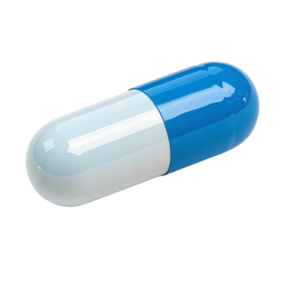 The capsule, this pill displays a sleek, reflective surface, emphasizing its pharmaceutical design and simplicity png
