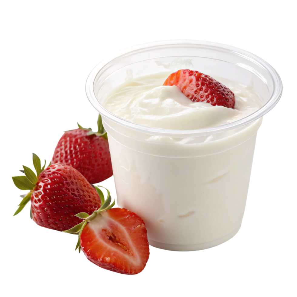 A transparent cup of creamy white yogurt topped with a fresh strawberry, surrounded by whole and halved strawberries for decoration png