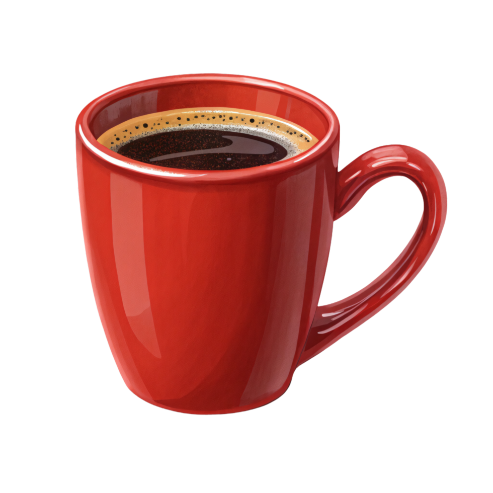 A glossy red coffee mug, slightly smaller, filled with aromatic coffee, its curved handle inviting a warm, satisfying sip png