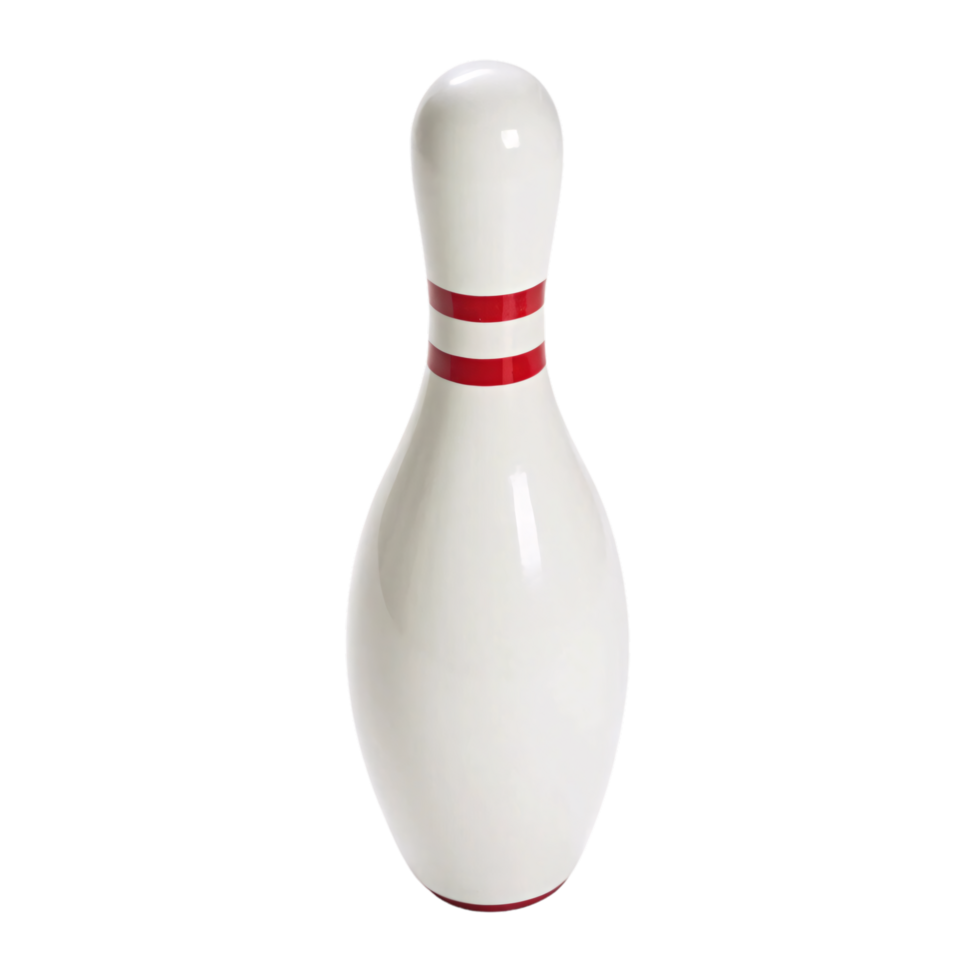 Pristine white bowling pin with bold red stripes near its neck. Smooth surface, perfectly balanced for precision strikes in professional or recreational settings png