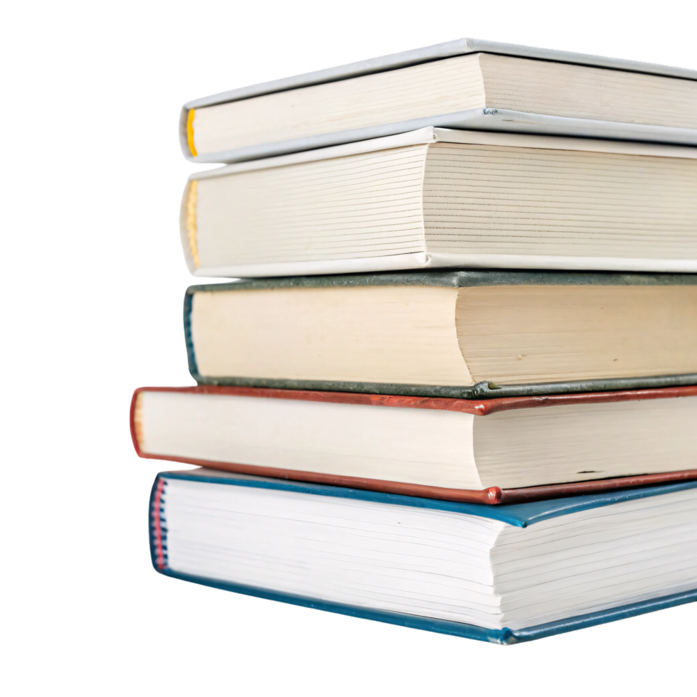 A neatly piled stack of books with colorful bindings and crisp, unevenly aligned pages. A testament to knowledge, storytelling, and endless learning png
