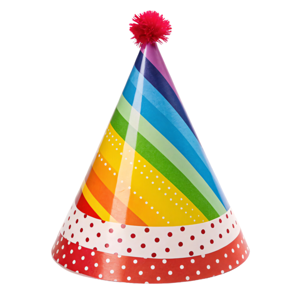 A festive party hat with a rainbow stripe design, red pom-pom tip, and dotted red base, embodying joy and cheerful celebrations png