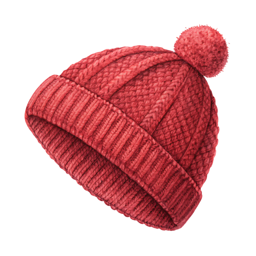 A cozy knitted red winter beanie with a pom-pom on top, showcasing thick, textured patterns for warmth and style png