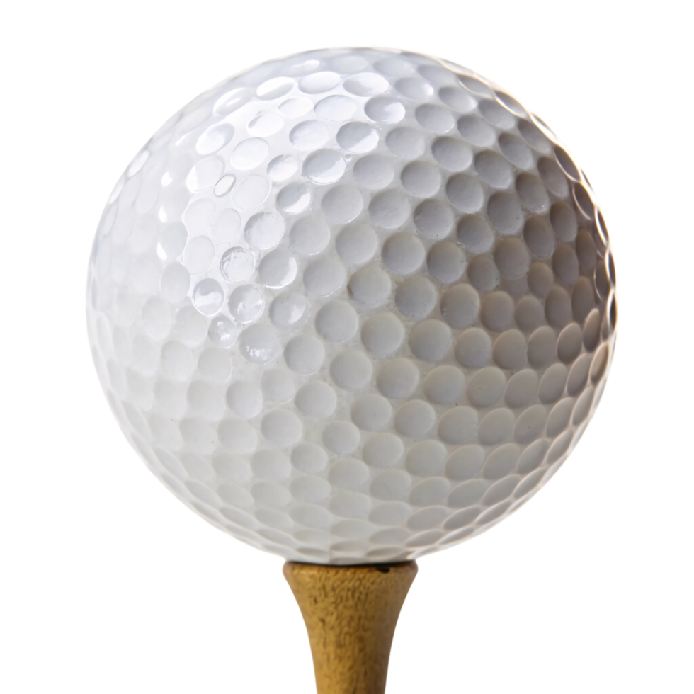 A white, dimpled golf ball atop a golden wooden tee, its glossy finish glinting in bright light, awaiting the golfer strike png