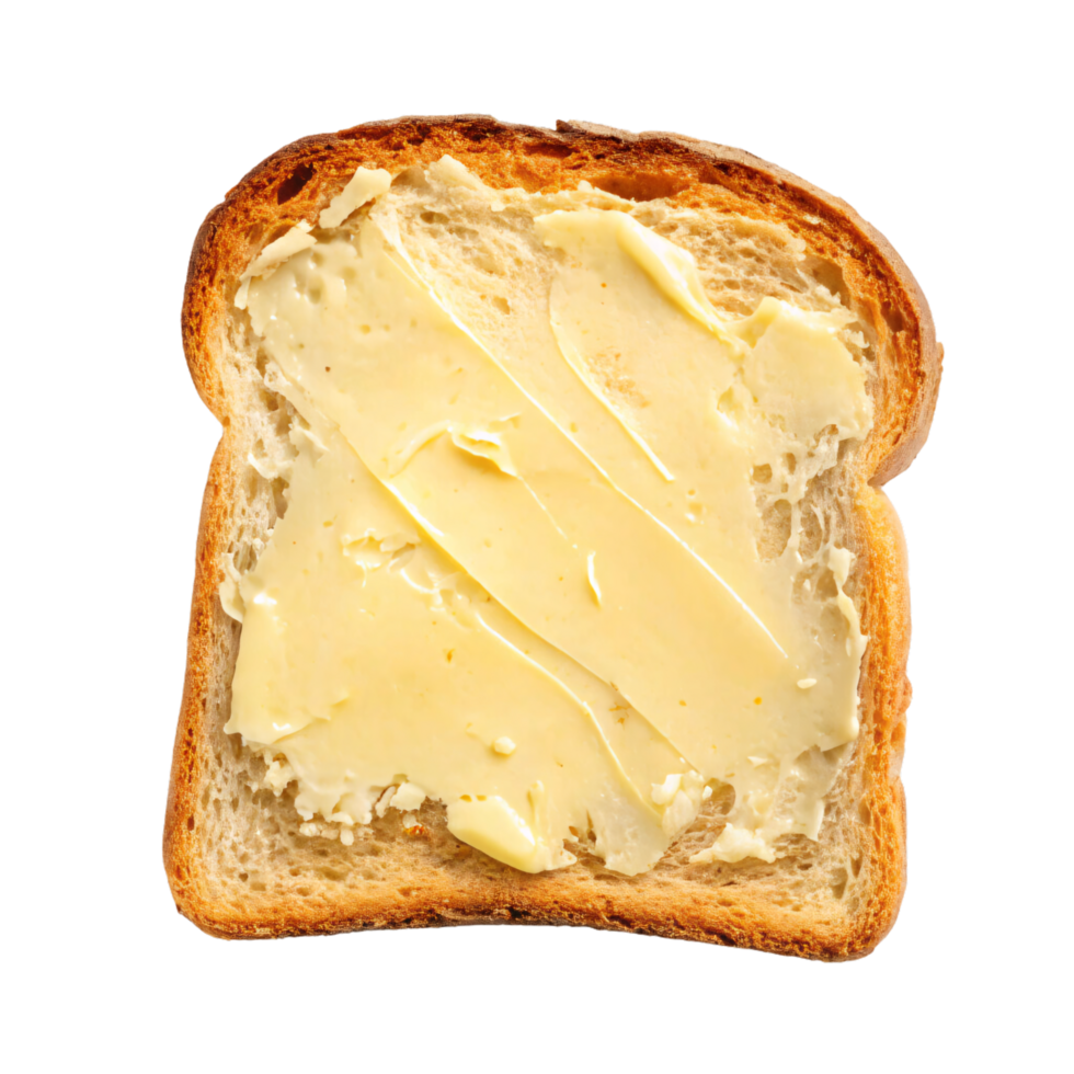 A slice of lightly toasted bread spread with smooth, creamy butter, highlighting its golden texture and perfect edges for a comforting breakfast image png